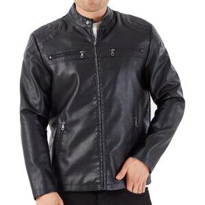 Men's Black Faux Leather Stand Collar Motorcycle Lightweight Outwear Jacket